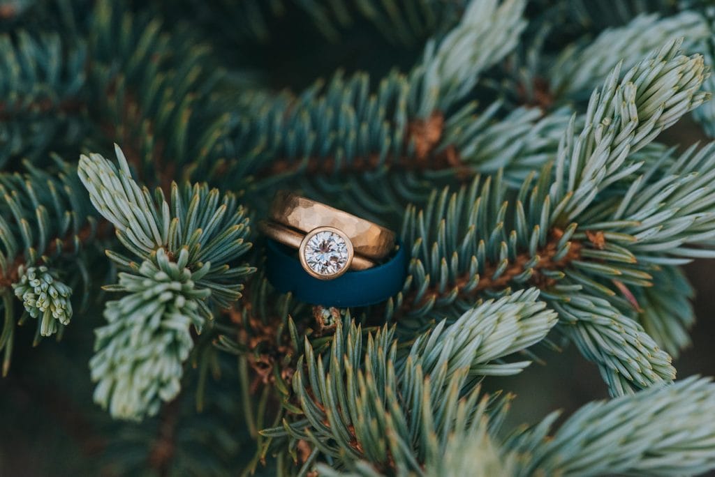 Custom rose gold bride diamond ring and hammered wedding ring and groom silicone ring on tree branch