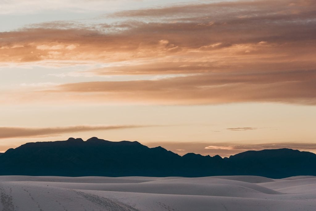 Southern New Mexico mountains silhouetted against sunset sky at White Sands