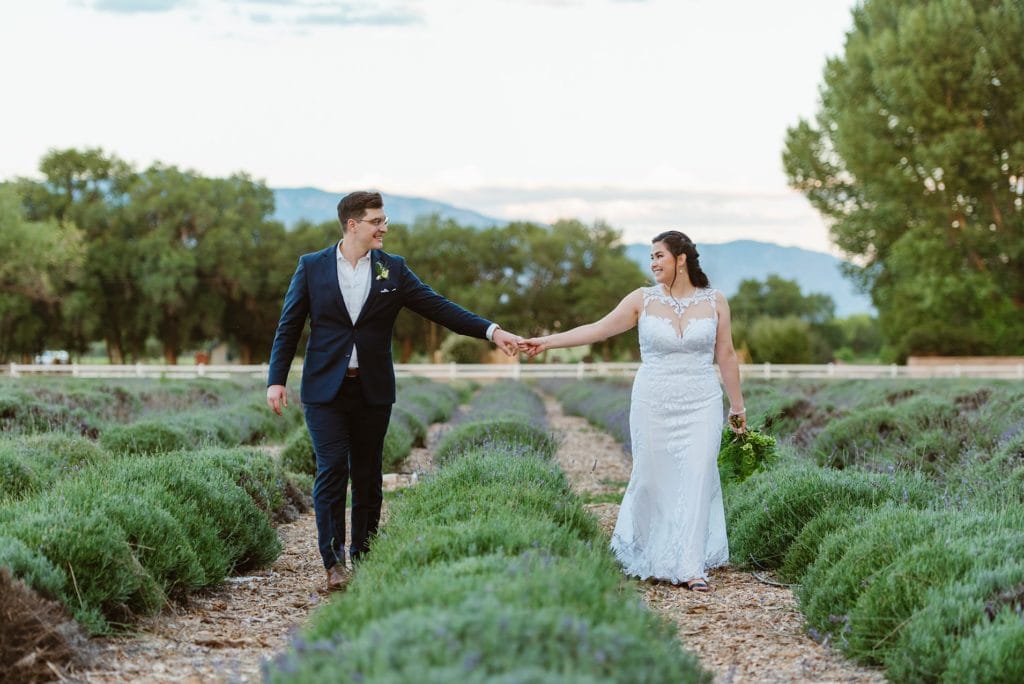 Couples walks through lavender field at Los Poblanos Farm on their elopement day.